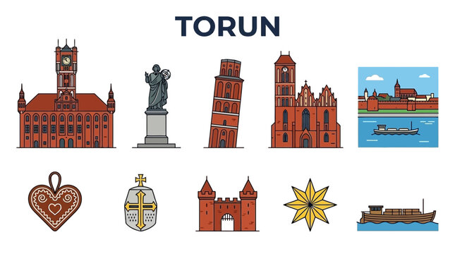 Collection of Torun Landmarks and Symbols Vector Illustrations.