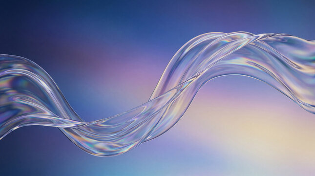 Elegant abstract iridescent wavy ribbon of translucent glass or liquid flowing gracefully on a soft gradient background.