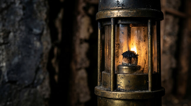 Vintage lantern with burning candle flame in dark rustic setting for advertising social media banner website marketing and commercial editorial use