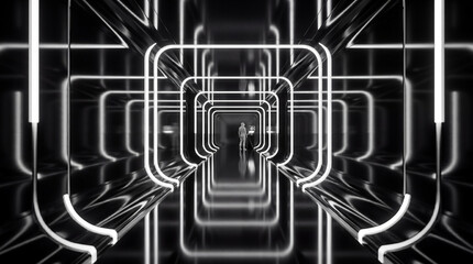 Obraz premium Monochromatic futuristic abstract tunnel with a solitary person and luminous white neon lights.