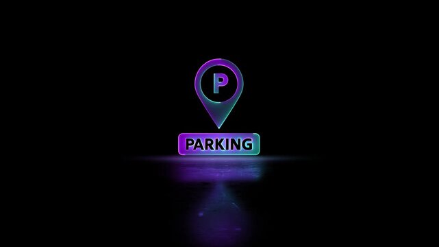 Neon glowing Parking Icon Pin Marker video animation on black background. Parking location, icon of parking location animation. Neon car, cycle, truck, motorcycle, zeep parking sign video animation.