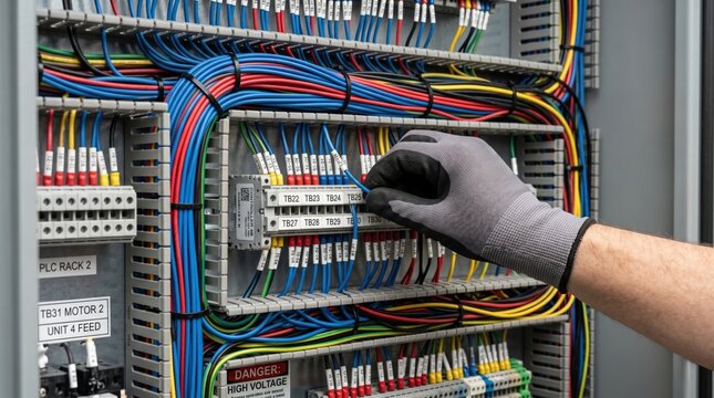 Industrial Electrician Performing Electrical Maintenance On Wiring Control Panel
