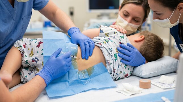 Medical team performing lumbar puncture on child in hospital