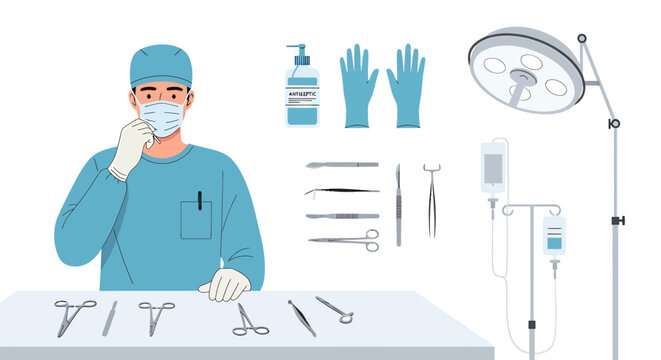 Surgeon preparing surgical tools and medical equipment in an operating room.