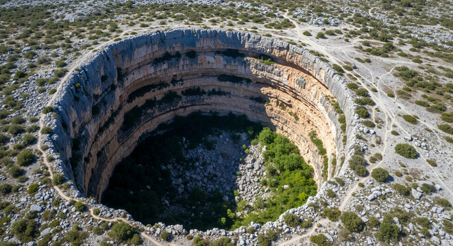 Natural sinkhole in arid landscape with deep blue water for advertising social media banner website marketing and commercial editorial use