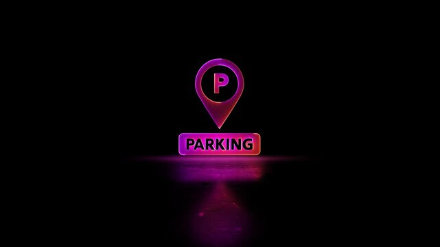 Neon glowing Parking Icon Pin Marker video animation on black background. Parking location, icon of parking location animation. Neon car, cycle, truck, motorcycle, zeep parking sign video animation.