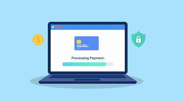Animated flat illustration of a laptop displaying payment processing interface with finance and security elements, representing digital transactions and online payment systems.
