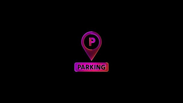 Neon glowing Parking Icon Pin Marker video animation on black background. Parking location, icon of parking location animation. Neon car, cycle, truck, motorcycle, zeep parking sign video animation.