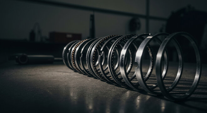 Metal piston ring set on industrial workshop floor - mechanical engineering component for advertising social media banner website marketing and commercial editorial use