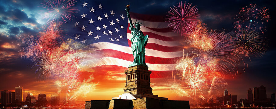Statue of liberty with fireworks and an american flag background