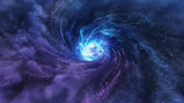 Swirling blue and purple cosmic nebula vortex in space