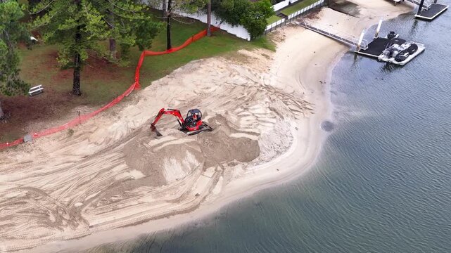 Aerial View of Excavator Moving Sand for Canal Beach Renovation
