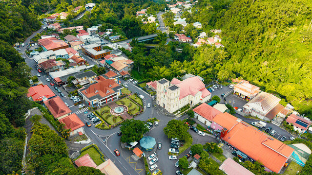Aerial view of Salazie cirque village church Reunion