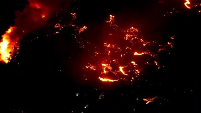 Aerial view of erupting Piton de la Fournaise lava field at night