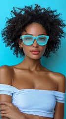 Fototapeta premium Stunning Black Woman with Afro Hair, Sparkling Blue Sunglasses, and Off-the-Shoulder Top on Vibrant Blue Background
