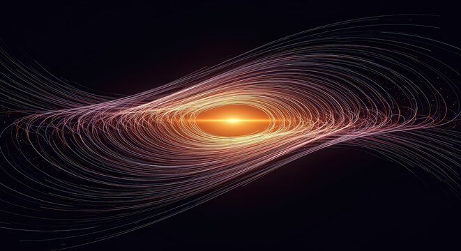 Conceptual visualization of invisible gravitational pull and fundamental forces bending space-time. Dynamic lines show mass distortion, attraction, geometric, mass