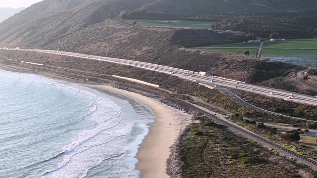Ventura California Coastline. Ocean View of PCH Highway North to Santa Barbara. Pacific shoreline, Scenic Southern California beach.