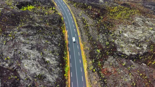 Aerial view of road through volcanic lava field Reunion
