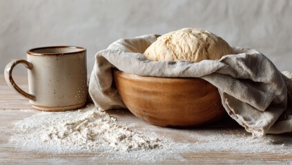 Fototapeta premium Rustic Bread Dough Rising in Wooden Bowl with Coffee Mug and Flour Dust.