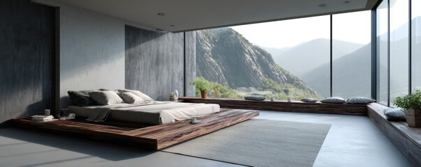 Fototapeta premium Modern Bedroom with Panoramic Mountain View Through Floor-to-Ceiling Windows.