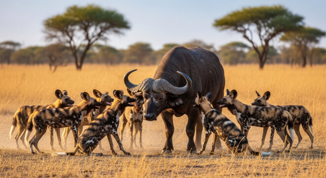 African Wild Dogs Hunting a Cape Buffalo in the Plains.