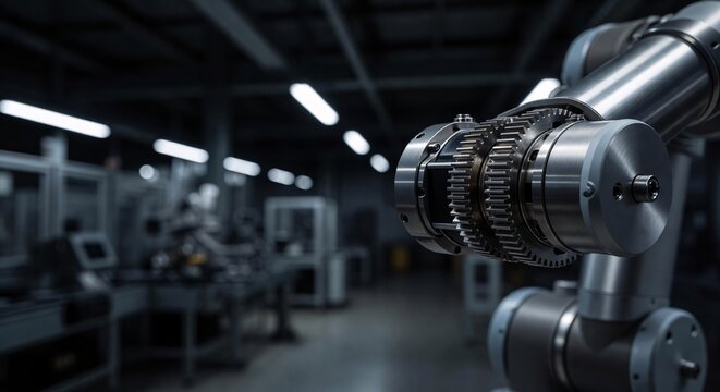 Precision robotic arm joint with exposed servo motor and titanium casing in industrial factory