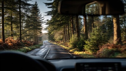 Fototapeta premium Driving through a sun-dappled forest road in autumn.