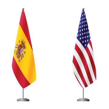 Spain and United States flags on flagpoles for official ceremonies and meetings, transparent background vector