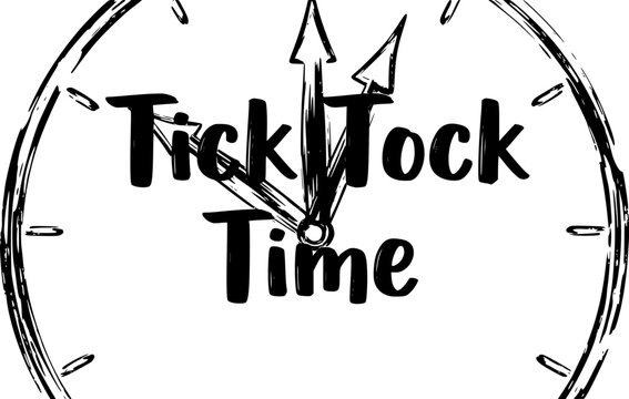Tick Tock Time hand drawn brush lettering typography inside a vintage analog clock face illustration in black and white, perfect for watch brand posters, horology promotions and timepiece themed socia