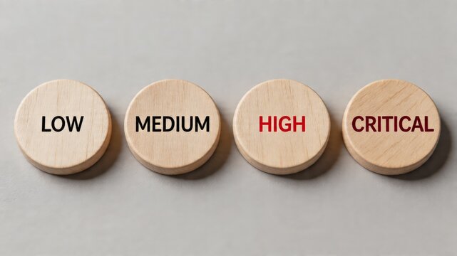 A risk assessment chart with wooden blocks labeled low, medium, high, and critical, used for evaluating and managing risk in a business or organization