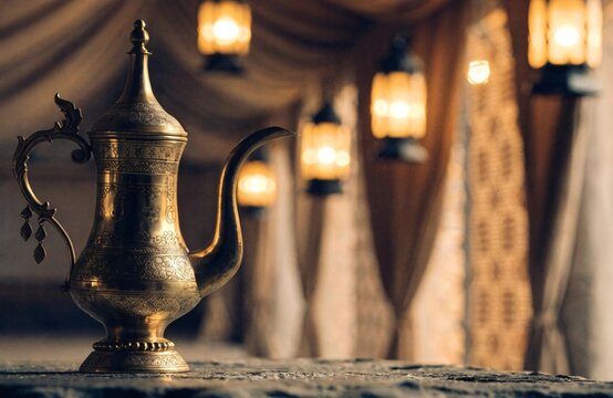 Ornate brass Arabic dallah coffee pot , golden bokeh of desert market tent interior with hanging lanterns