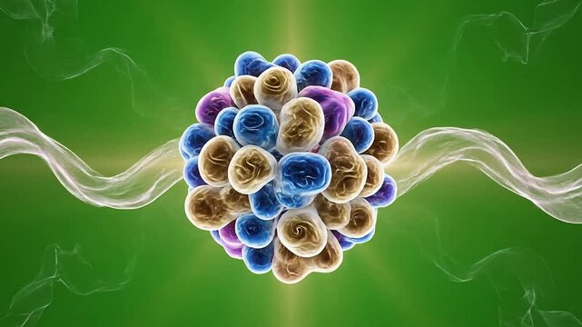 Ethereal Glowing Stem Cells in Abstract Cinematic 4K CGI Against a Vibrant Green Background for Medical and Biotechnology Visualizations