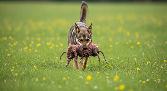 Dog retrieving a hare in a field on a cloudy day.