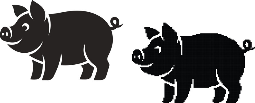 Black pig silhouette cute farm animal mascot on transparent background