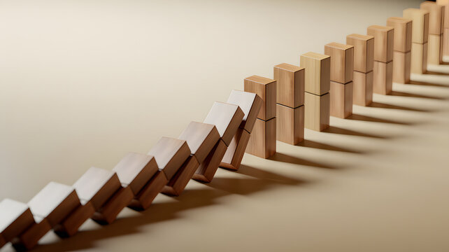 A row of wooden blocks falling in a domino effect on a flat surface