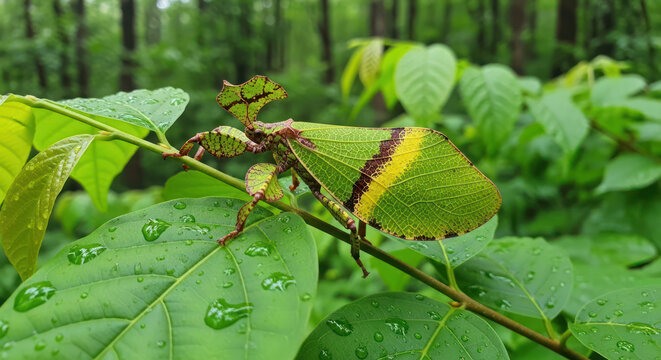 Empusa Fasciata Mantis on Green Leaf in Natural Habitat.