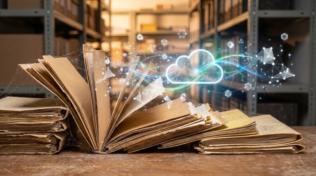 Cloud Computing Icon Rising From Old Paper Archives and Folders