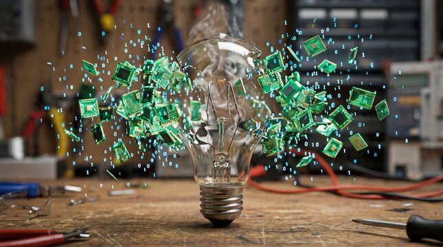 Conceptual lightbulb exploding with microchips and binary code data