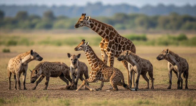 Giraffes and Hyenas Roaming Together in the African Savannah.