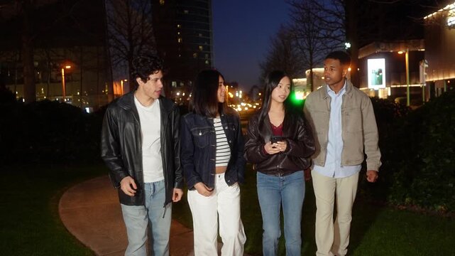 Slow motion of four young multiethnic friends strolling and chatting happily along an illuminated path in an urban park after sunset