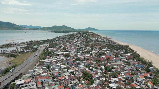 Lang Co Vietnam Coastal Settlement Houses And An Cu Neighborhood Drone Track Forward 4K 60FPS