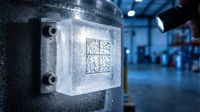 Scanning industrial QR code on frozen storage tank with flashlight