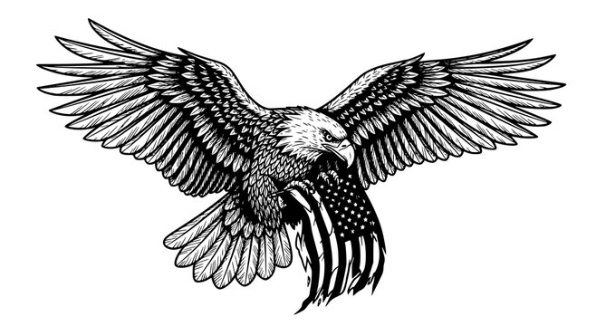 Bald eagle spreading wings holding american flag illustration