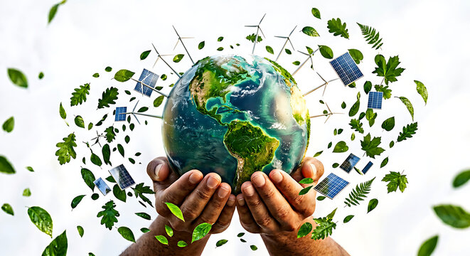 World Environment Day 2026 climate action concept, Hands holding Earth with wind turbines and solar panels