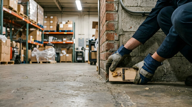 A pest control worker strategically positions a mouse trap in a dimly lit warehouse environment.