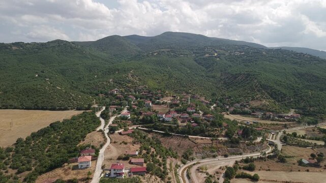 Aerial front view of traditional Turkish houses and local mosque in Cide village, Kastamonu, Turkey.