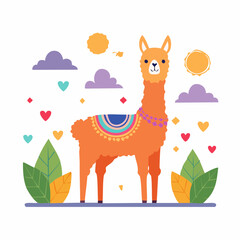Obraz premium Cute Orange Llama with Colorful Blanket and Hearts