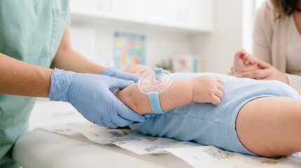 Obraz premium Pediatrician performing metabolic sweat test on infant in medical clinic