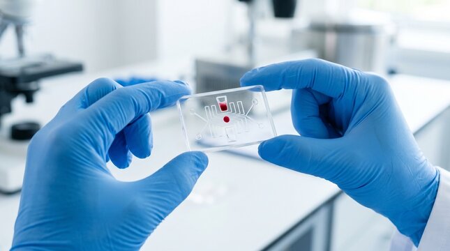 Scientist holding microfluidic chip with blood sample in laboratory