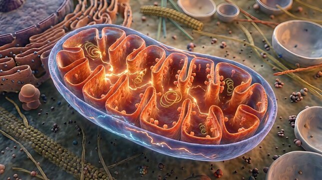 Mitochondrion, intricate cellular organelle generating vital energy, facilitating metabolic respiration, containing folded crista, matrix, inner membrane, crucial for eukaryotic cellular function.